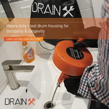 DrainX® Heavy-Duty-Steel Pro Drum Drain Auger, 25 Ft., with Work Gloves and Carrying Pouch