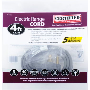 Certified Appliance Accessories 3-Wire Eyelet 40-Amp Range Cord, 4ft