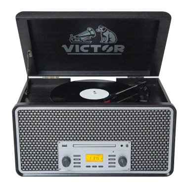 Victor® 4-Watt Monument 3-Speed Belt-Drive Manual Turntable with Built-in Speakers, Bluetooth® In/Out, CD/Cassette Players, AM/FM, and 45 Adapter