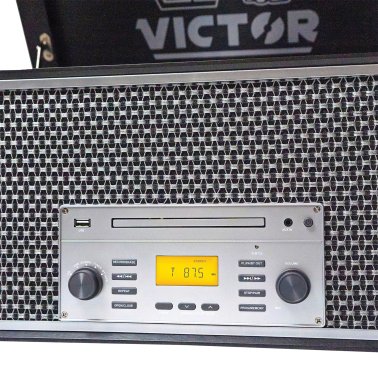 Victor® 4-Watt Monument 3-Speed Belt-Drive Manual Turntable with Built-in Speakers, Bluetooth® In/Out, CD/Cassette Players, AM/FM, and 45 Adapter