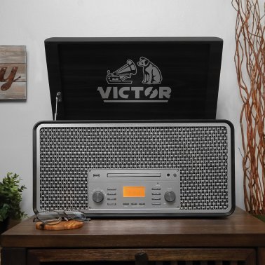 Victor® 4-Watt Monument 3-Speed Belt-Drive Manual Turntable with Built-in Speakers, Bluetooth® In/Out, CD/Cassette Players, AM/FM, and 45 Adapter