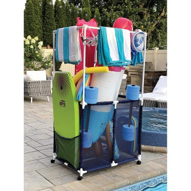 Pool Bins Pool Storage Mesh Rolling Organizer with Towel Hanger Bars, Large, Blue