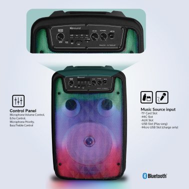 IQ Sound® FIRE BOX 8-In. Bluetooth® Portable Party System, True Wireless, with FM Radio, Lights, Microphone, and Remote, IQ-7008DJBT