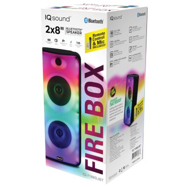 IQ Sound® FIRE BOX Dual 8-In. Bluetooth® Portable Party System, True Wireless, with FM Radio, Lights, Microphone, and Remote, IQ-7188DJBT