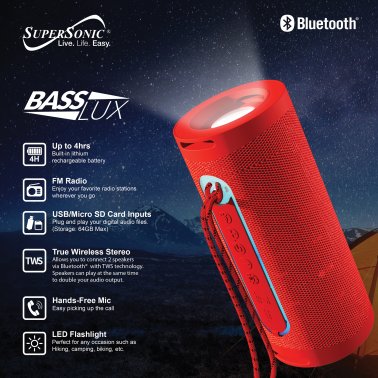 Supersonic® Portable Bluetooth® Speaker with LED Flashlight and Speakerphone, SC-2340BT (Red)