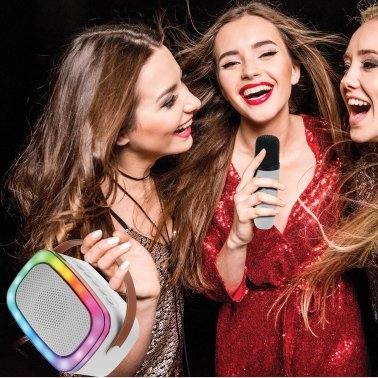 IQ Sound® Mini Karaoke Portable Bluetooth® Speaker with Wireless Microphone and RGB Light Show, IQ-908K (White)