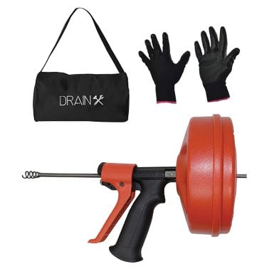 DrainX® SPINFEED Drum Auger Drain Snake, Auto Extend and Retract, with Work Gloves and Carrying Bag (25 Ft.)