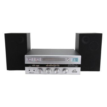 Victor® 50-Watt Milwaukee Desktop Bluetooth® Home Stereo System with External Speakers, Analog VU Meters, CD Player, and FM Radio, VDTS-4450-SL