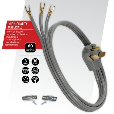Certified Appliance Accessories® 3-Wire Open-End-Connector 30-Amp Dryer Cord, 4ft