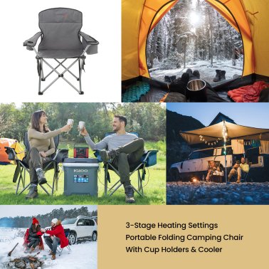 Arrowhead Outdoor® Portable Folding USB-Heated Camping Chair with 6-Can Armrest Cooler, Gray