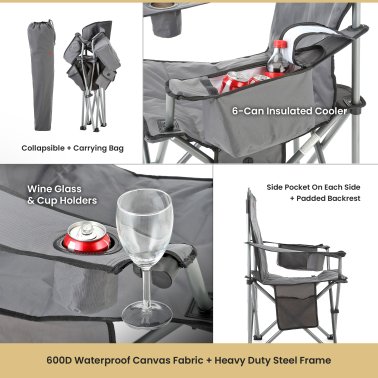 Arrowhead Outdoor® Portable Folding USB-Heated Camping Chair with 6-Can Armrest Cooler, Gray