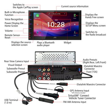 JVC® KW-M595BT 6.8-In. Car In-Dash Unit, Double-DIN/Single-DIN Digital Receiver with WSVGA Touch Screen, Android Auto™/Apple CarPlay®, and SiriusXM® Ready