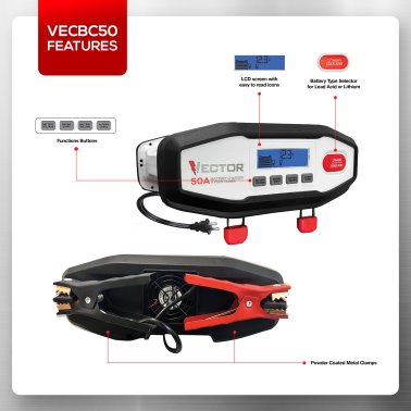 Vector Battery Scanner Vector® 50-Amp Engine Start/15-Amp Automatic Battery Charger/Maintainer ...