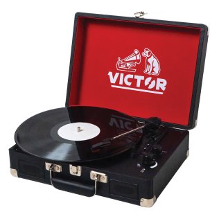 Victor® 2-Watt Metro 3-Speed Belt-Drive Manual Suitcase Turntable with Built-in Speakers, Bluetooth® In/Out, Aux In, and 45-RPM Adapter (Black)
