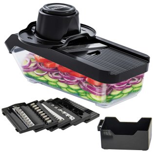 Brentwood® Mandoline Slicer and Cheese Grater with 3.6-Cup Storage Container and 6 Interchangeable Stainless Steel Blades, Black