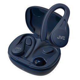 JVC® Fitness TWS Bluetooth® In-Ear Earbuds with Mic, Earhooks, and Charging Case, up to 30 Hours Play Time, IPX5 Waterproof, HA-EC25T (Blue)
