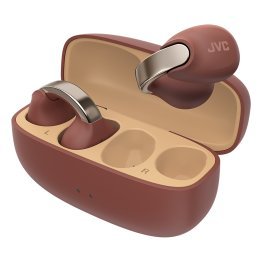 JVC® Nearphones TWS Bluetooth® Open-Ear Earcuff Earbuds with Mic and Charging Case, up to 24 Hours Play Time, IPX4 Waterproof, HA-NP1T (Maroon)