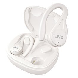 JVC® Fitness TWS Bluetooth® In-Ear Earbuds with Mic, Earhooks, and Charging Case, up to 30 Hours Play Time, IPX5 Waterproof, HA-EC25T (White)