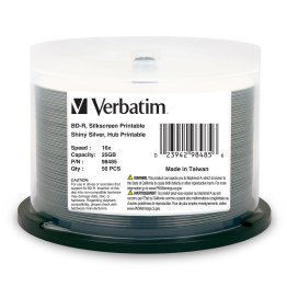 Verbatim® BD-R 25-GB 16x Shiny Silver Silk-Screen-Printable Recordable Disc Spindle, 50 Pack