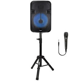 QFX® PBX-1206SM 12-In. 21-Watt True Wireless Stereo Bluetooth® Rechargeable Speaker with Wired Microphone, Stand, and Remote