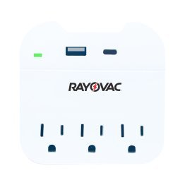 RAYOVAC® AC Outlet and 2-USB Port 300-Joules Portable Surge Protector Wall Tap with Phone Holder (3 Outlet)