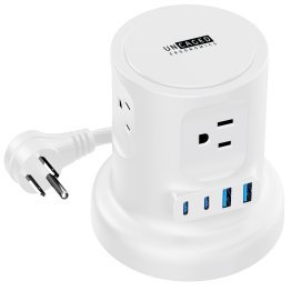 Uncaged Ergonomics® 4-AC Outlet and 4-USB Port 320-Joules Retractable Cube Surge Protector Power Cube, 6-Ft. Retractable Cord with Angled Plug (White)