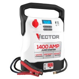Vector® Portable Car Jump Starter, 120-PSI Air Compressor, and USB Power Bank with 1,400-Amp Peak for V8 Cars/Trucks, AC Outlet, Clamps, LED, VECJ14C